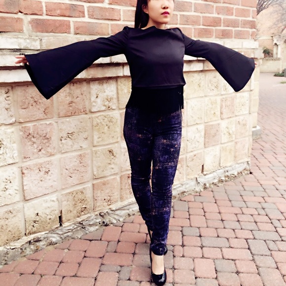 "Vertigo" Black Fringe Crop Top w/ Bell Sleeves - Picture 2 of 7